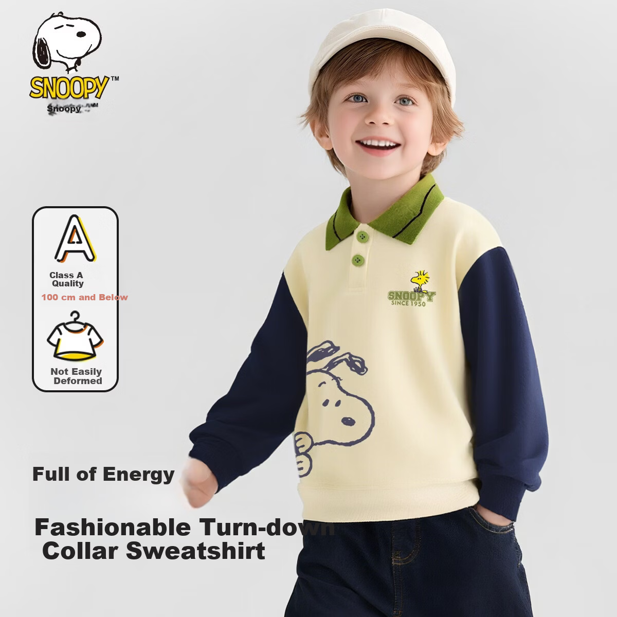 SNOOPY Children's Spring And Autumn Color-Block Lapel Sweatshirt, Fashionable Versatile Top for Boys And Girls, Huiqinuobi Blue, Size 120
