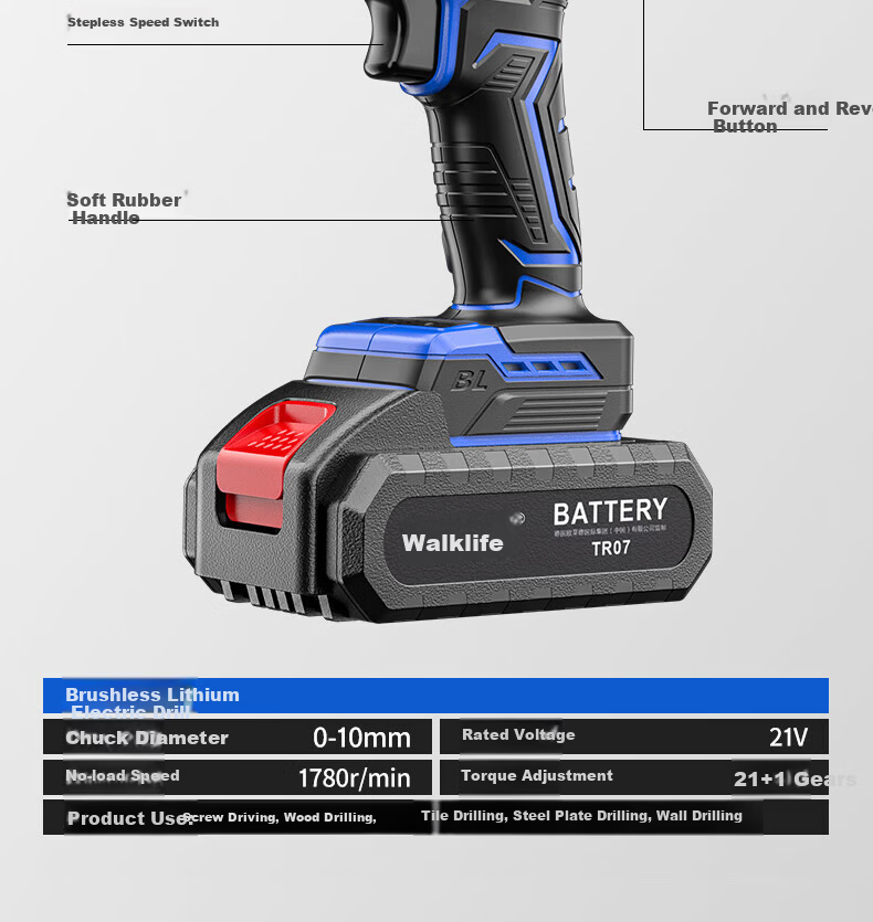 Woklife 21V Brushless Cordless Electric Drill Lithium Battery Multi-Function Electric Screwdriver with Hammer Function 19