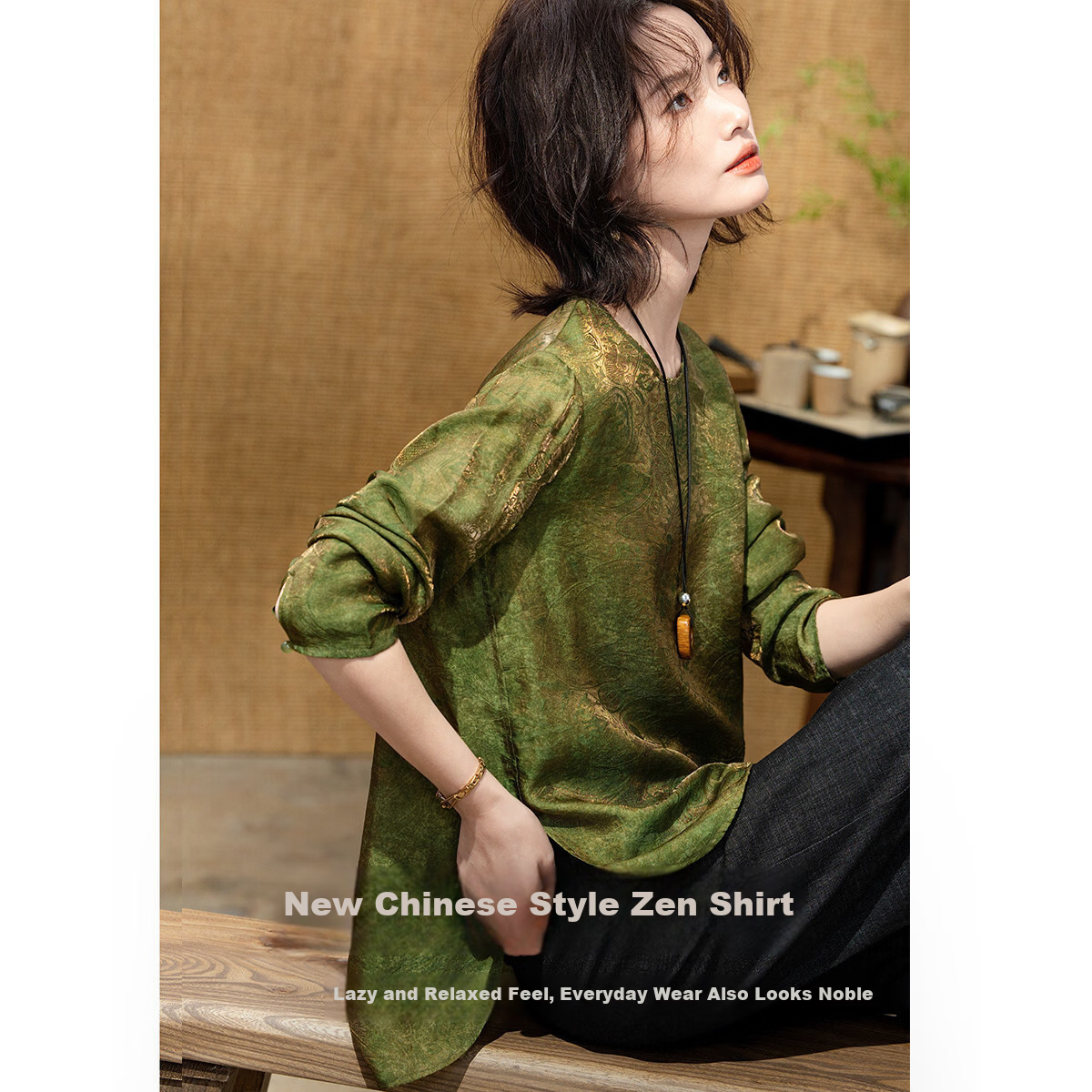 Demana "Smoke Envelops Cold Water" Spring National Style New Chinese Bright Silk Jacquard High-Low Slim Fit Shirt for Women