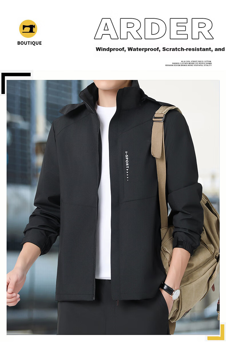 ROMON Men's Hooded Jacket Autumn Sports Commuter Casual Outdoor Windbreaker ZHX2228 Black 2XL 4
