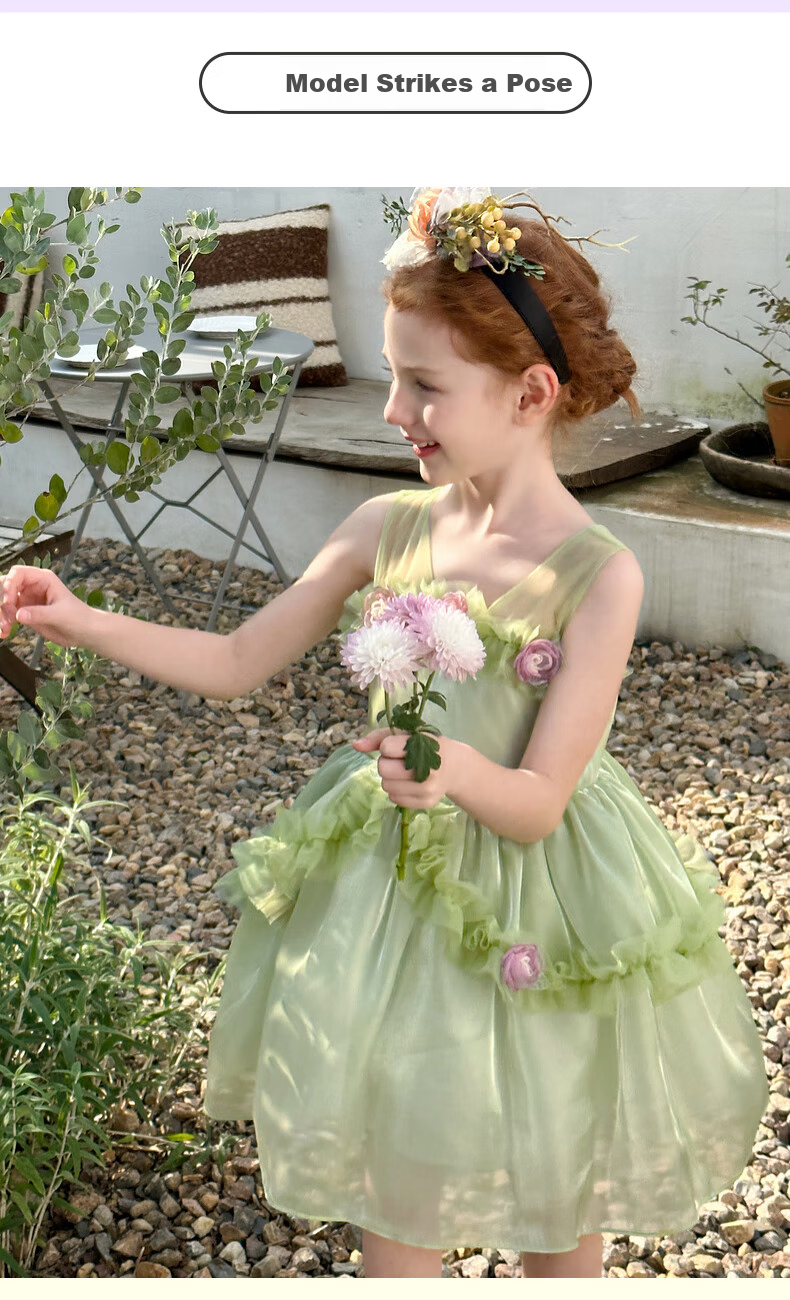 Follow Me Girls' Sleeveless Dress, Summer New Style Sweet Floral Princess Dress, Children's Formal Dress Tulle Skirt, Green, Size 160 8