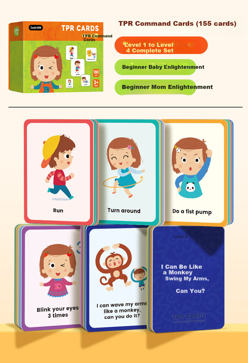 Shalin Saalin Early Childhood English Enlightenment TPR Action Instruction Cards, Interactive Flashcards for English Vocabulary, Early Education for Childre 13