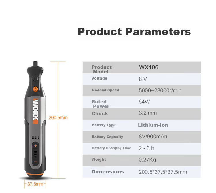WORX 8V Rotary Tool WX106 Mini Lithium Handheld Cutting Grinding Polishing Engraving Drilling Electric Tool 17