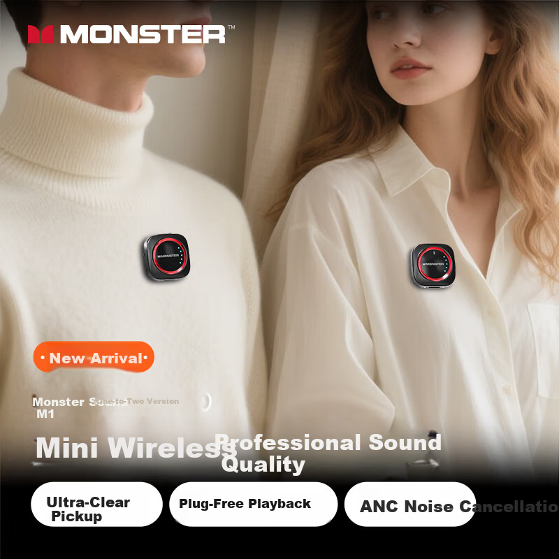 MONSTER Wireless Lavalier Microphone Professional Recording Outdoor Vlog TikTok Short Video Noise-Cancelling Clip-on Mic Portable Wireless Microphone One-to-Two Type-C M1 Black