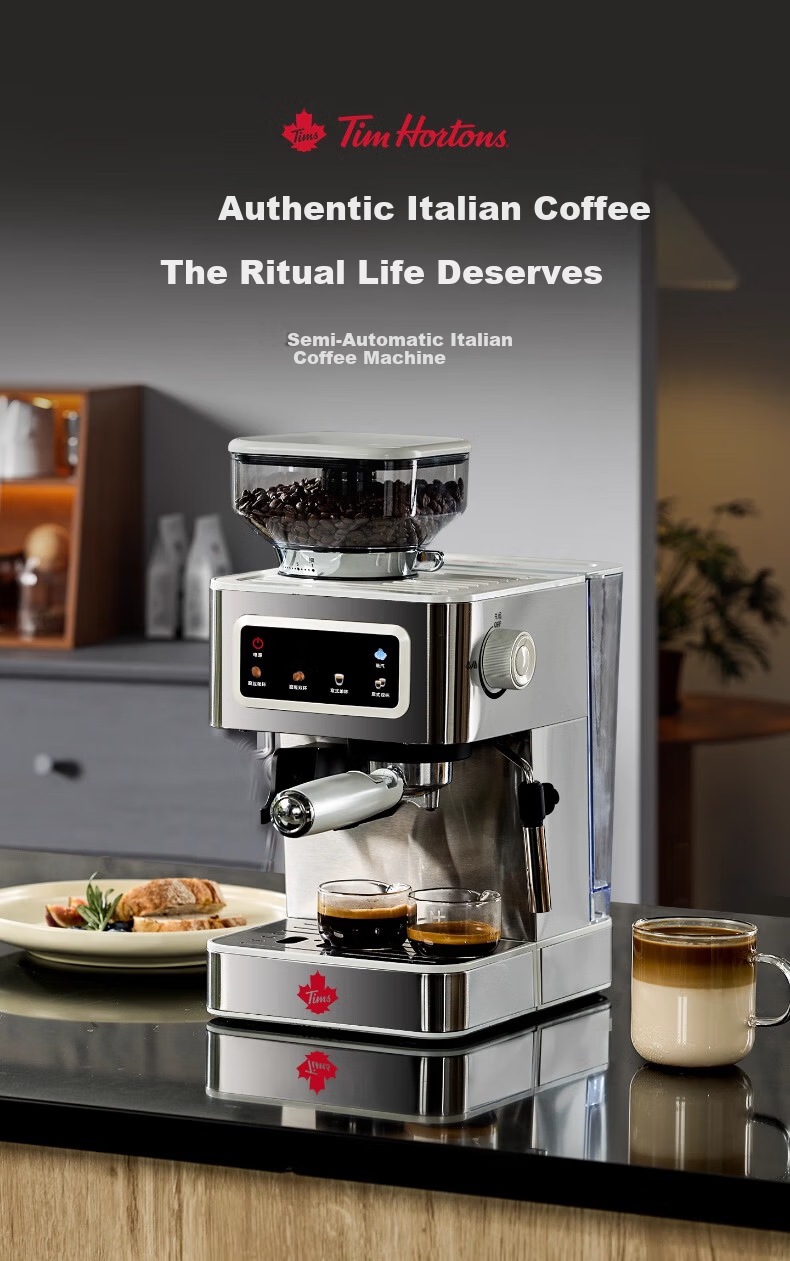 Tim Hortons Tims T5 Fully/ Semi-Automatic Italian Home Coffee Machine Grinder Integrated Cold Brew Version One-Touch Milk Frother Detachable Burr Silver 4