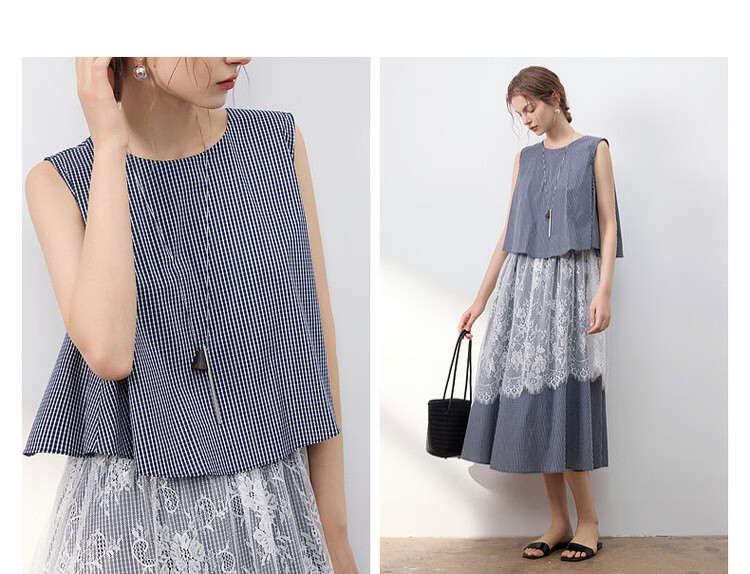 Demana [Cloud Oxygen Cotton Series] Summer Retro Plaid Lace Splice Sleeveless Flared Slim Fit Designer Women's Dress 5