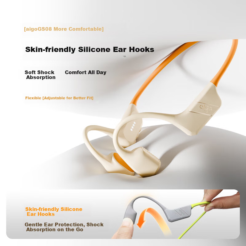 Aigo True Bone Conduction Bluetooth Swimming Earphones Open-Ear Kids Earphones 32GB MP3 Storage IP68 Waterproof Upgraded Soft Silicone Rear Hook GS08 Black