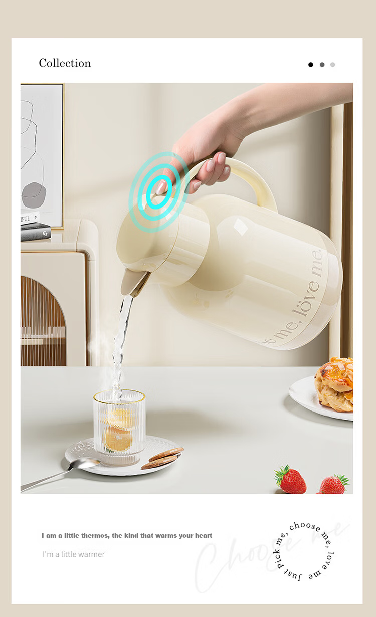 JEKO&JEKO Insulated Thermos, Large Capacity Hot Water Bottle for Home Use, Glass Inner Liner with Digital Display, Special Edition Pei'ao, 2L, Cream White 3