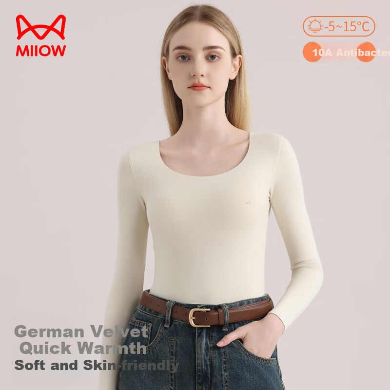 MiiOW [Goose Down Tencel] Women's Thermal Underwear 10A Antibacterial Seamless Heat-retaining Autumn Slim Fit Base Shirt Milk White M