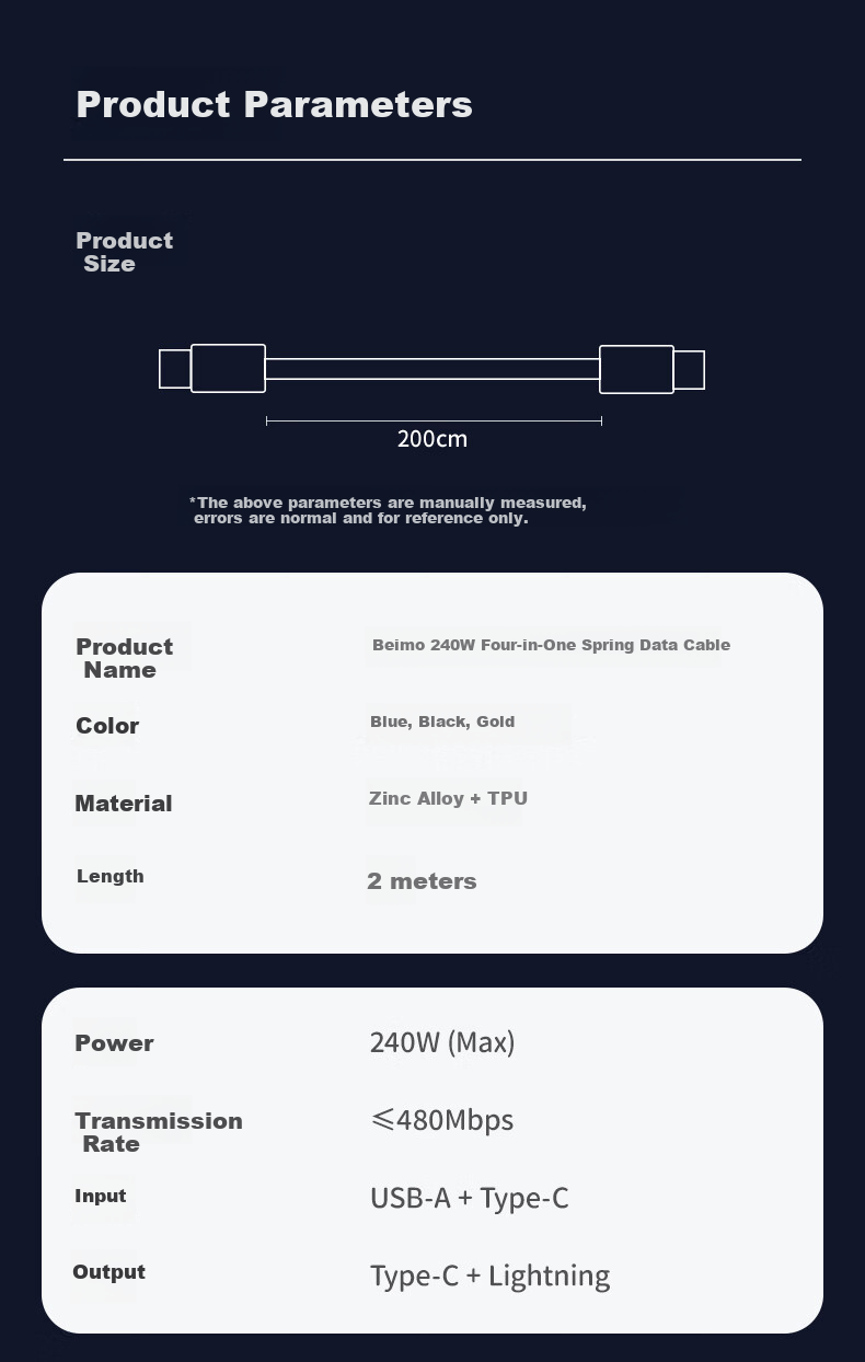 Beimo Glowing Four-in-One Spring Scented Core Data Cable 240W Fast Charging Car Projection Compatible with Apple 17/Huawei/Xiaomi/Honor/Vivo/Oppo 2m Blue 7
