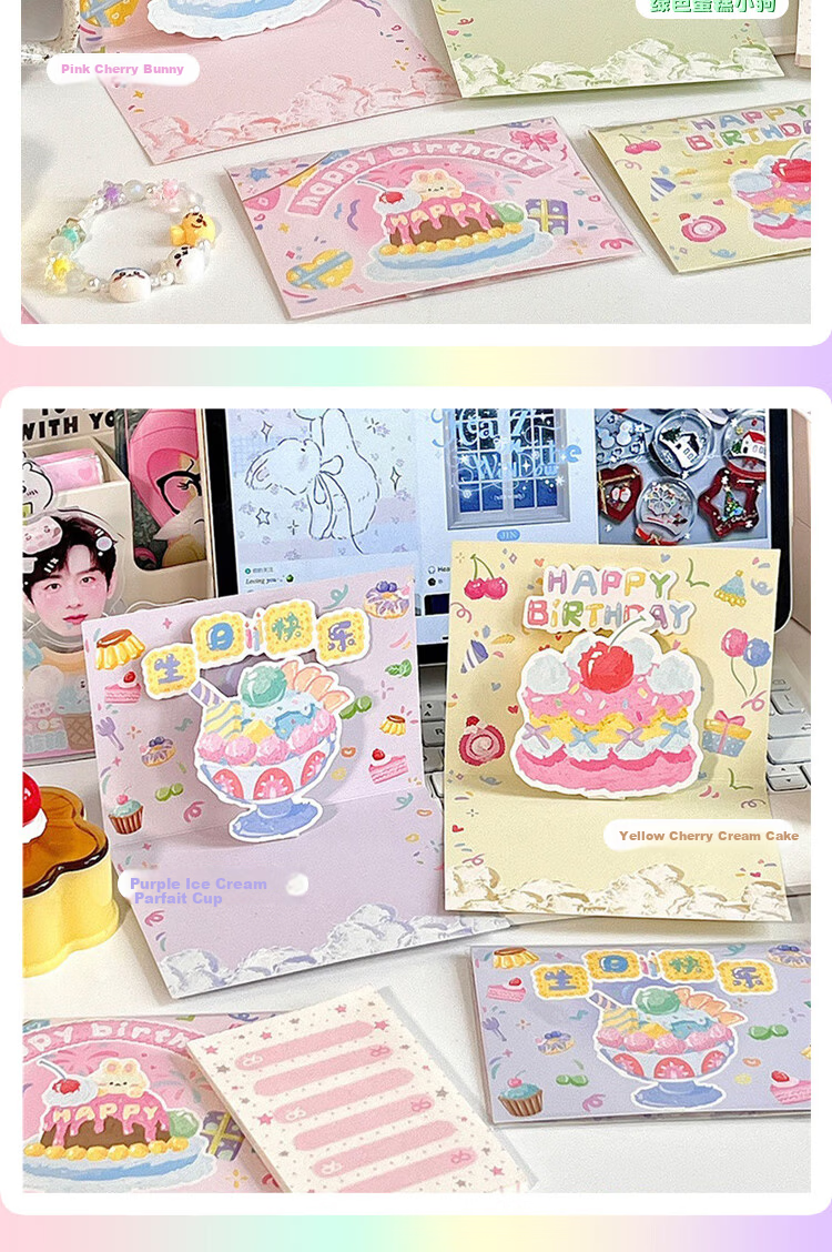 Jufu Ins Cream Cake Birthday Card Set of 4 3D Pop-up Oil Painting Foldable Creative Cake Message Cards for Valentine's Day Mother's Day Graduation Anniversary Handwritten Gift 4