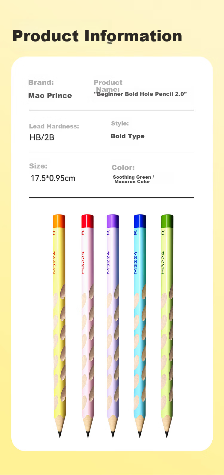 Mao Prince Elementary Student HB 2B Writing Hole Pencil Exam Special Card Marking Drawing Practice Pencil Back to School Gift Teacher's Day Gift 12