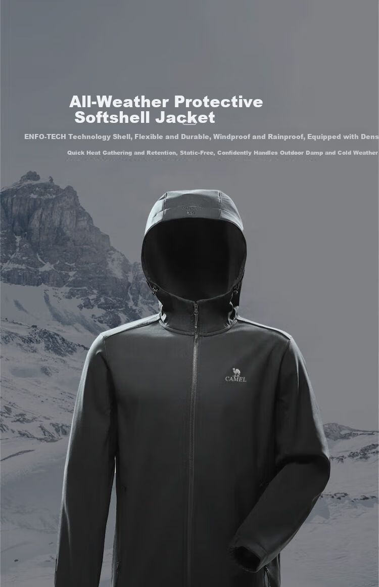 CAMEL Outdoor Men's Fleece-Lined Thickened Softshell Jacket with Hood, Water-Repellent and Windproof Running Coat for Women, Spring and Autumn 5