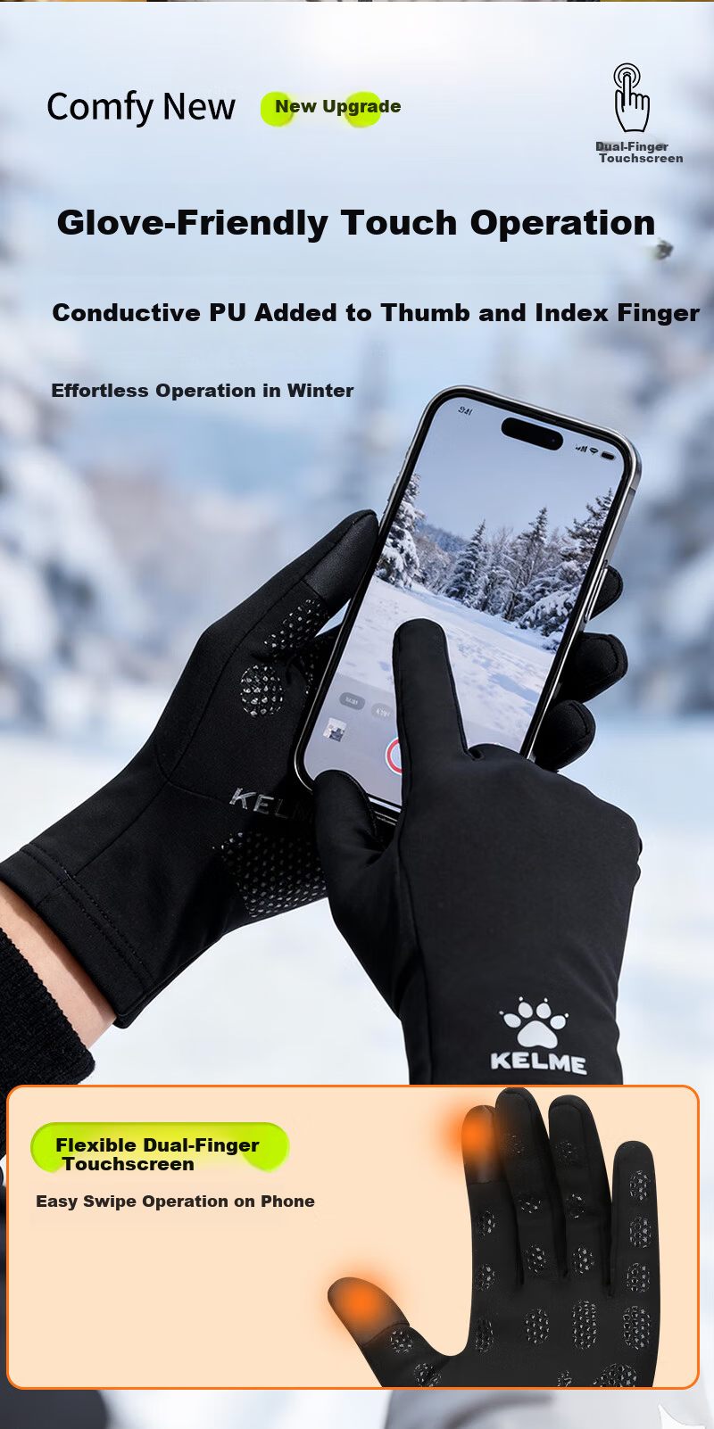 KELME Winter Outdoor Running Cycling Gloves Unisex Warm Fleece Lined Cold Resistant Bicycle Football Training Gloves 2