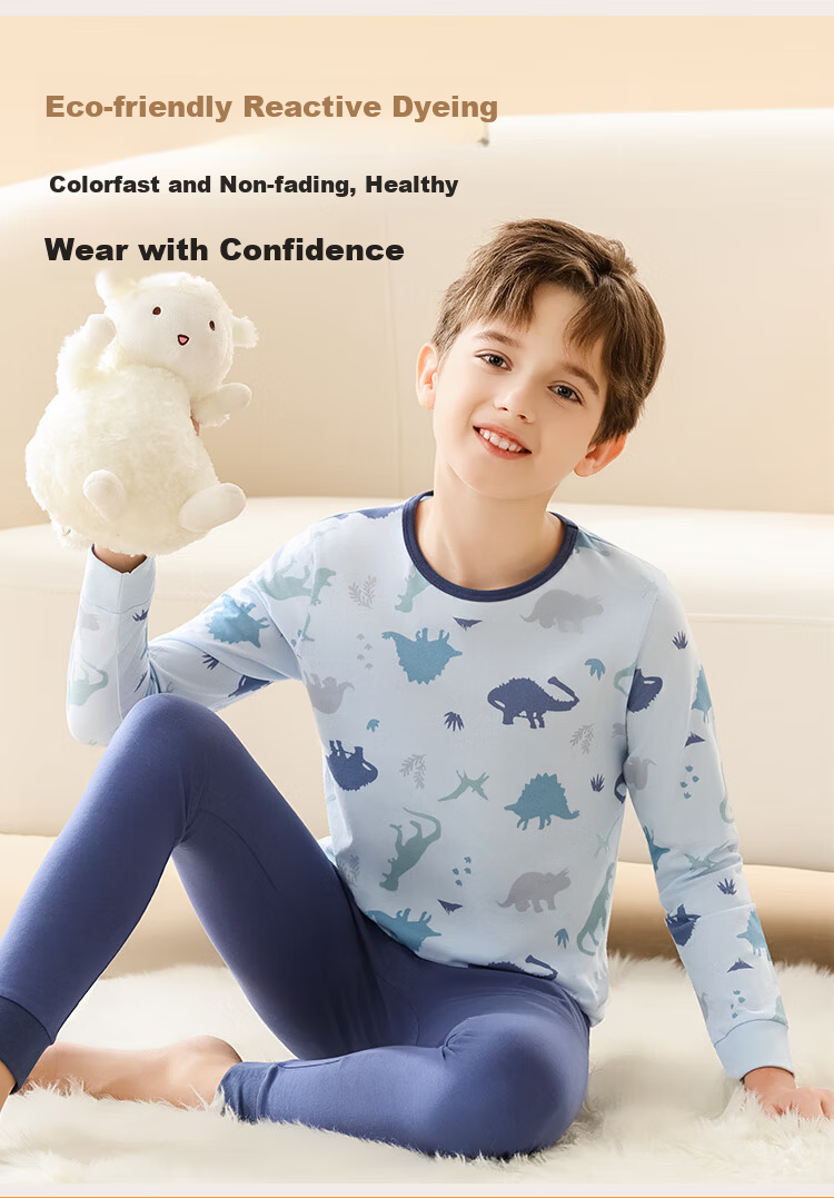 Urban Beauty 【100% Cotton】 Kids Thermal Underwear Boys Autumn Shirt and Pants Youth Autumn Winter Cotton Sweater Pajama Set 8