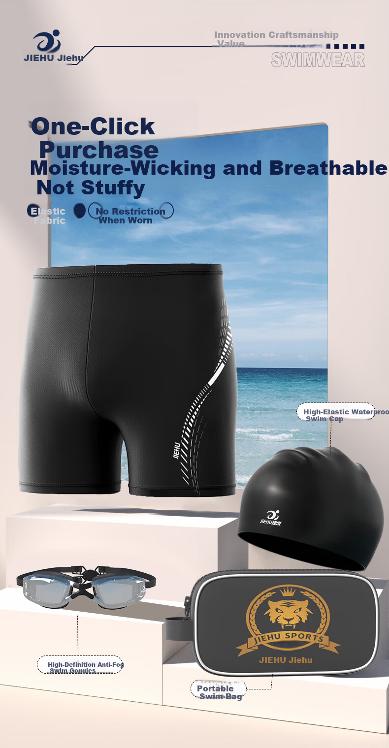 Jiehu Men's Swimwear Set Three-Piece Swimming Trunks Goggles Cap Spa Swimwear Set 7