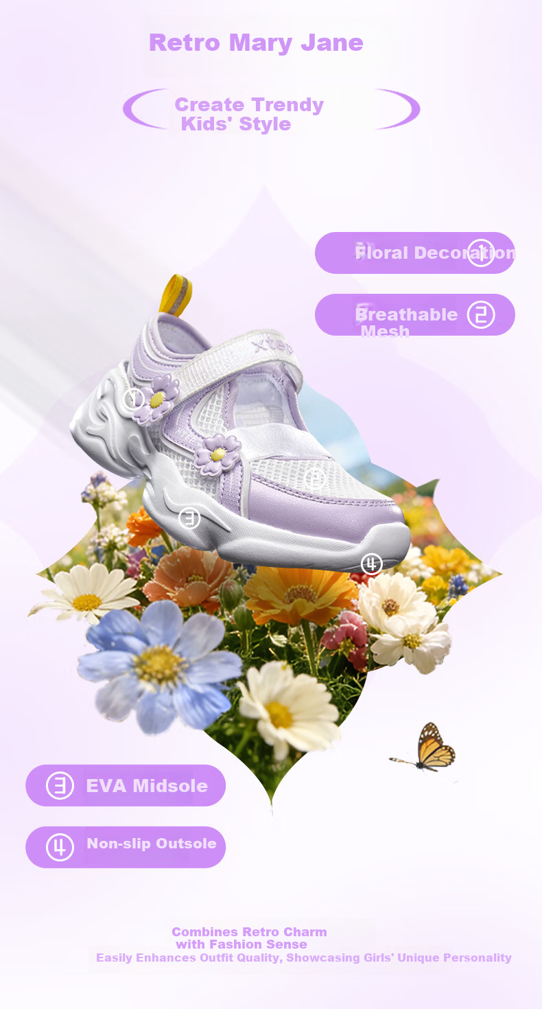 XTEP Kids Toddler Girls Floral Casual Shoes Breathable Mesh Comfortable Sports Shoes Off-White/Peach Pink Size 32 2