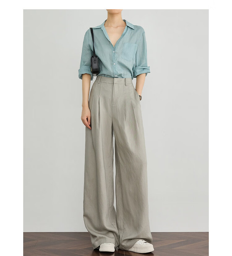 FAESSLIN Kochi Old Money Style Gray Linen Summer Thin Tencel High-Quality Draped Casual Wide-Leg Pants for Women 15