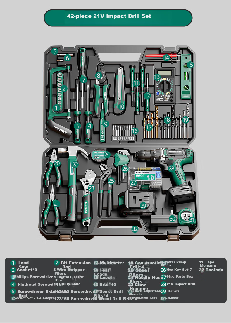 Green Forest 34-Piece 21V Impact Lithium Drill Set Multi-Function Household Toolbox Hardware Electrician Repair Kit 16