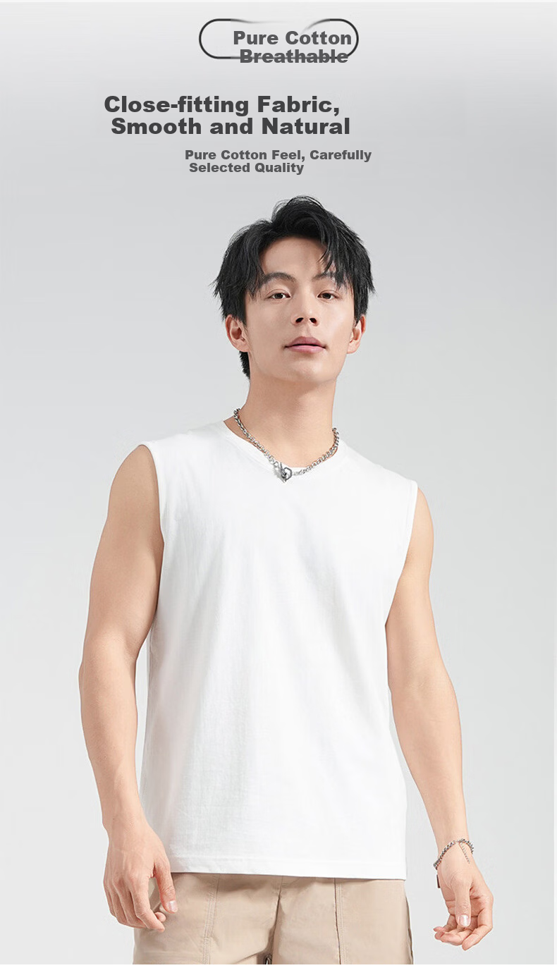 Langsha Men's Wide Shoulder Cotton Sports Sleeveless Vest White Fitness Basketball Running Base Layer Shirt 8