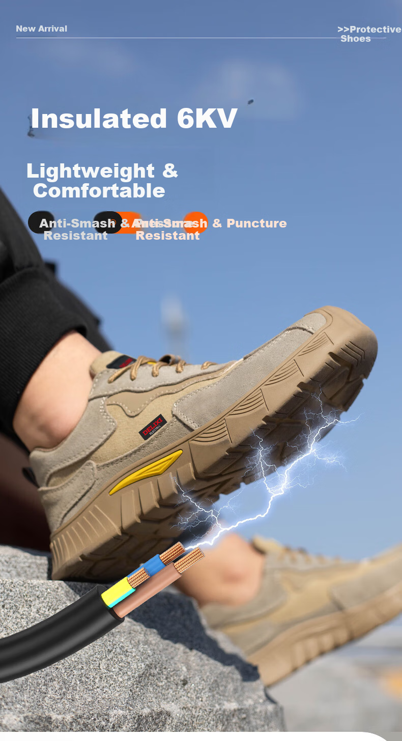 DELIXI ELECTRIC Men's Safety Shoes Cow Suede Leather Plastic Toe Cap Anti-Smash Puncture Resistant Insulated 6KV Slip-Resistant Durable Electrician Work Shoes 3