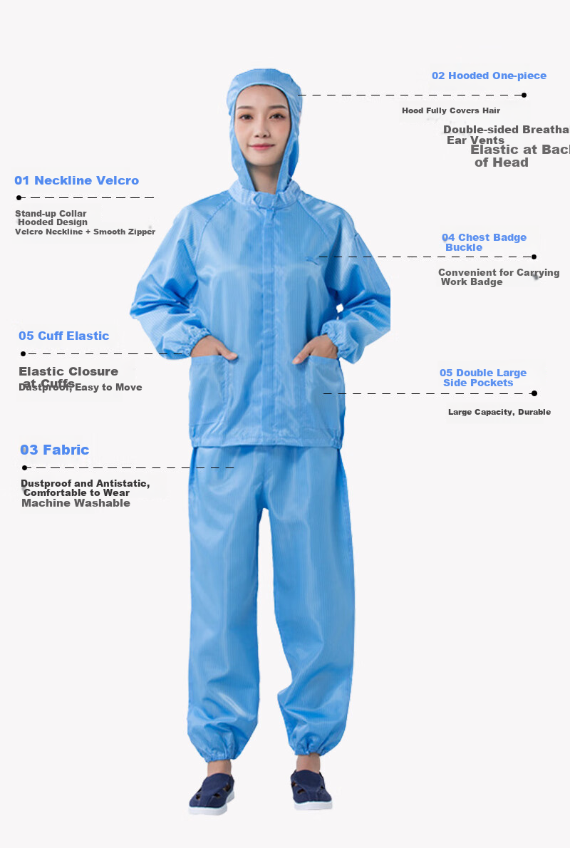 Yigongding Anti-Static Suit Split Hooded Dust-Free Clothing Dustproof Workshop Electronics Factory Unisex Work Protective Clothing Blue 2XL 4