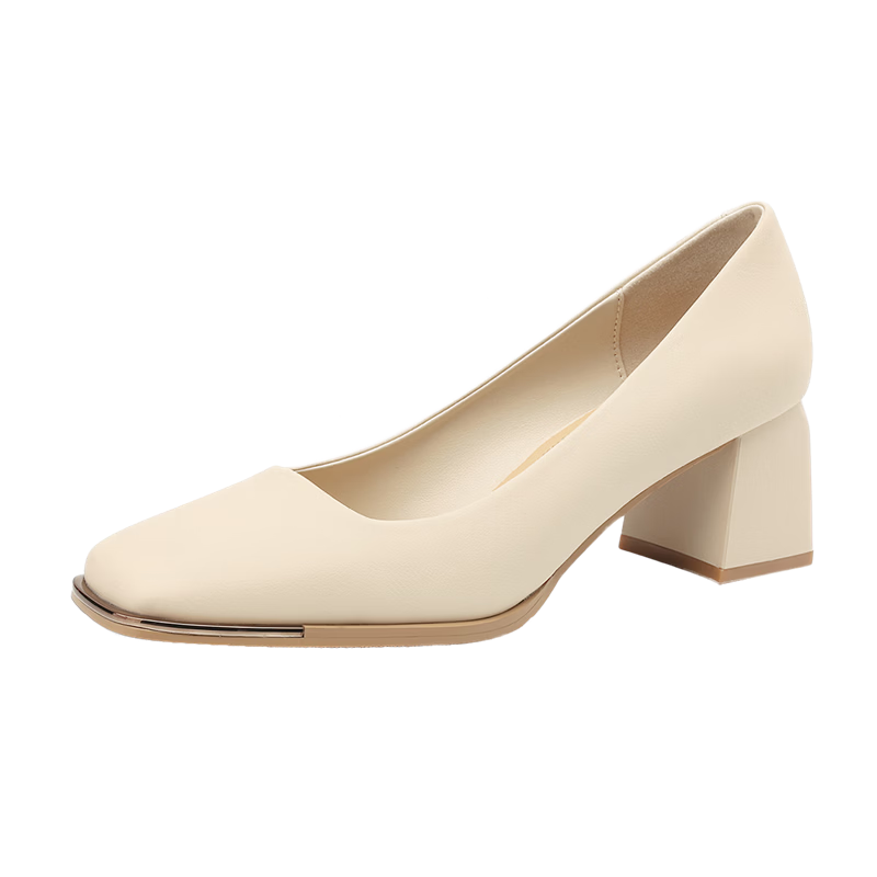 DAPHNE Women's New Square-Toe Chunky Heel Leather Shoes, Versatile High Heels, Women's Shoes 4024101020 Beige 39