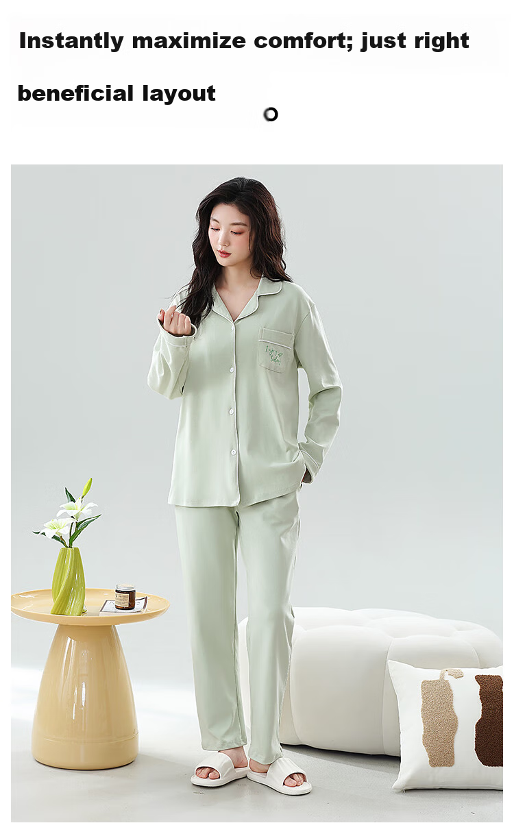 Miiow Women's Pajamas 100% Cotton Anti-Mite 10A Antibacterial Simple Sweet Cardigan Homewear Spring Water Green XL 13