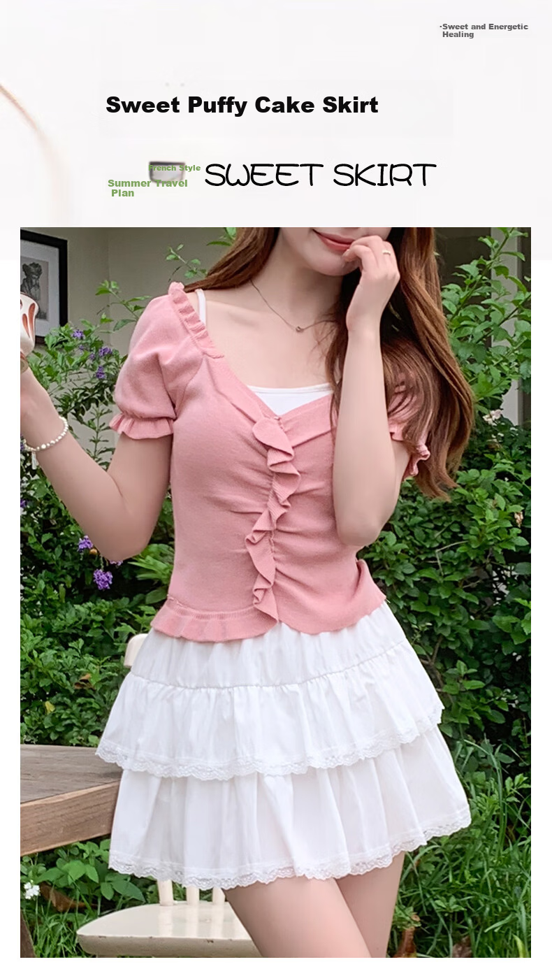 Langsha White Lace Cake Skirt Women's Spring Summer Slim Fit Beautiful Ballet Style High Waist French Puff A-Line Mini Skirt 1