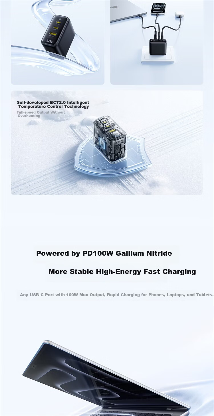 Baseus Little Ice GaN Charger 100W High Power Fast Charger for Apple 17 Xiaomi Huawei Phones MacBook Neo Laptop Adapter Blue 3