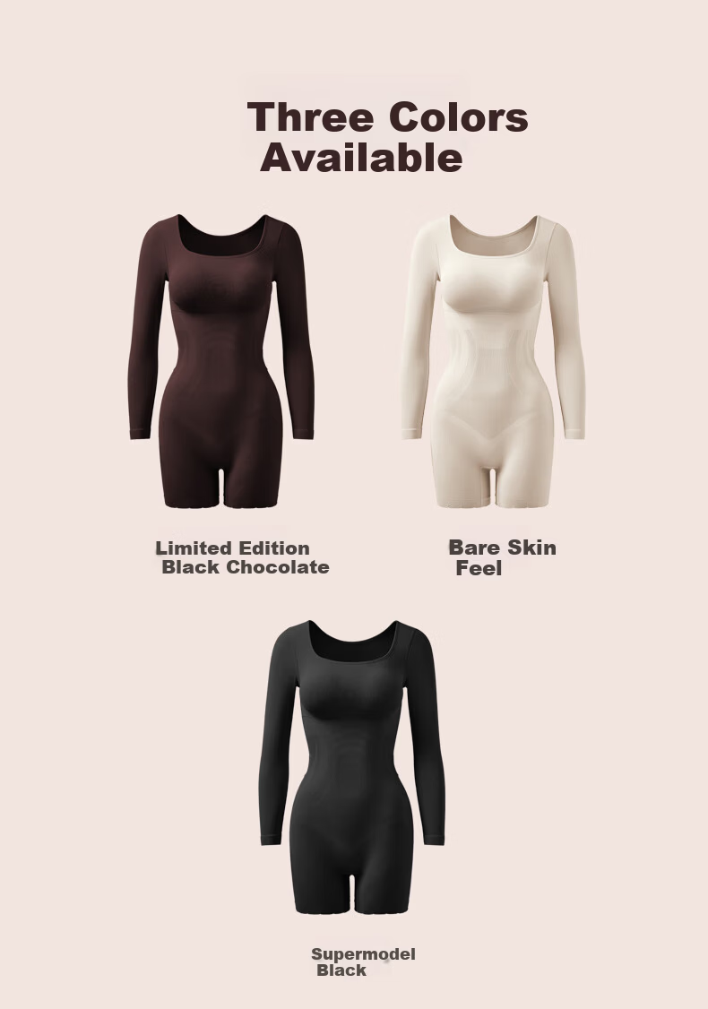 Curvilism [Victoria Song Style] Black Chocolate Long Sleeve Bodysuit Shapewear Tummy Control Hip Lift Nude Feel [Long Sleeve] M 20