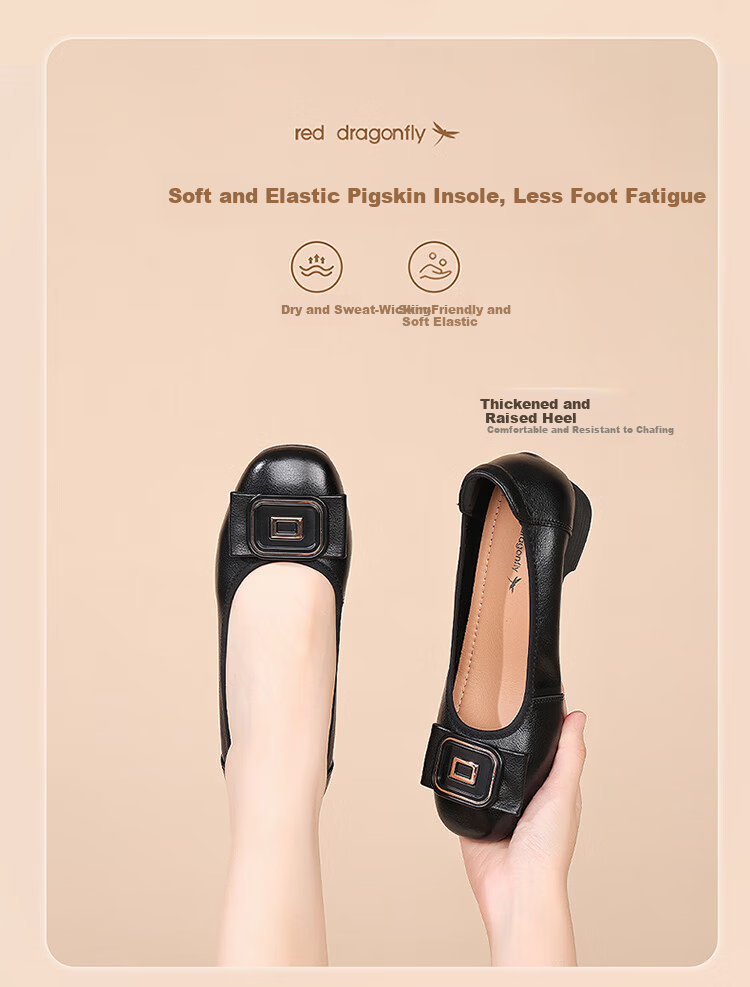 Red Dragonfly Women's Shallow Autumn Cowhide Slip-On Commuting Leather Shoes Soft Sole Lightweight Mom Flats WLB354231 Black 38 4