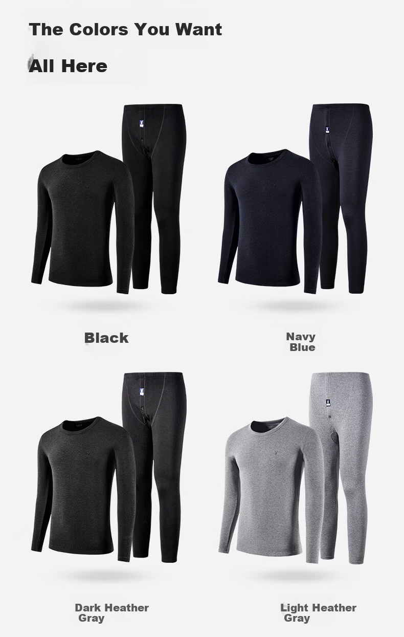 PLAYBOY Thermal Underwear for Men, Fleece-Lined And Thickened, Men's Warm Underwear, Autumn And Winter Top And Bottom, Round Neck 16