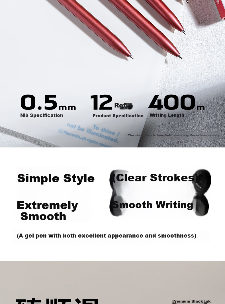 Deli Smooth Star Lesu Premium Smooth Gel Pen 0.5mm Bullet Tip Retractable Pen Metal Paint Red 12pcs/Box A12 2