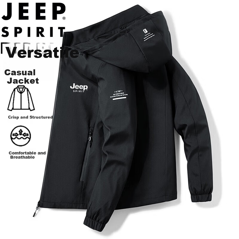JEEP SPIRIT Men's Spring Autumn Jacket Hooded Business Casual Outdoor Dark Gray 2XL