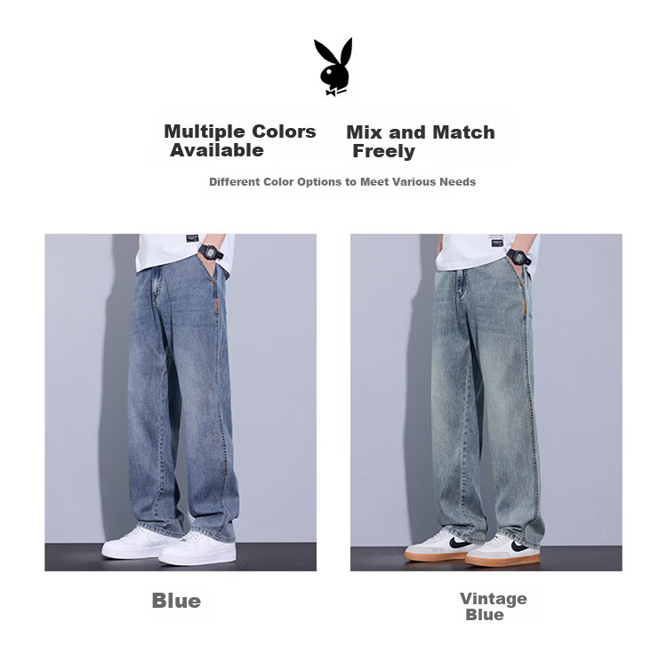 PLAYBOY Men's Summer Tencel Thin Denim Casual Loose Straight-Leg Wide-Leg Ice Silk Pants 2