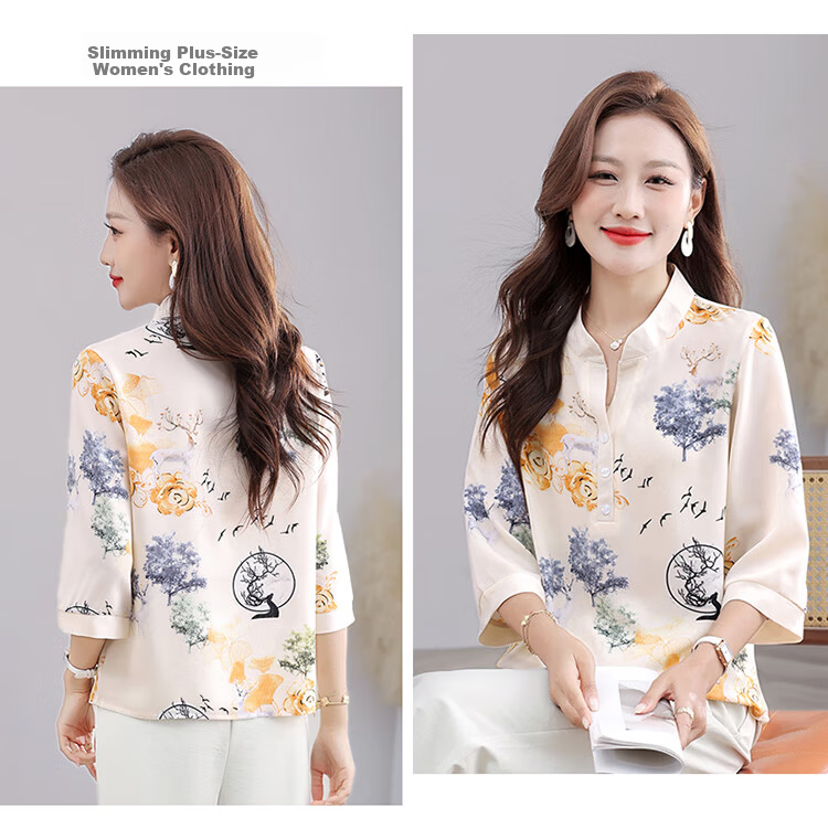 Woodpecker Women's Short Sleeve T-Shirt Casual Floral Shirt Middle-aged and Elderly Mom Loose Elegant Top Summer Blue 2XL 15