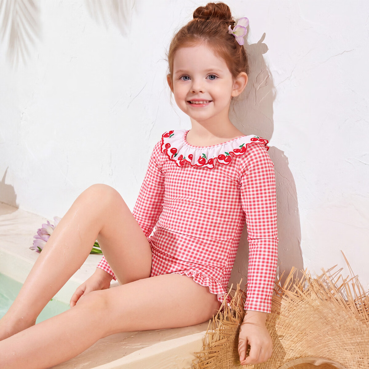 ASK JUNIOR Children's Short-Sleeve One-Piece Swimsuit with Swim Cap, Baby Summer Square-Leg Anti-Exposure Girls' Vacation Swimwear for Toddlers, Floral Patter 7