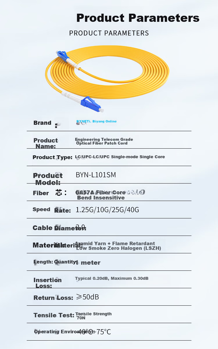 BYNET Telecom Grade Fiber Optic Patch Cord LC-LC (UPC) Single Mode Simplex Extension Transceiver Pigtail 2.0mm 1 Meter 3