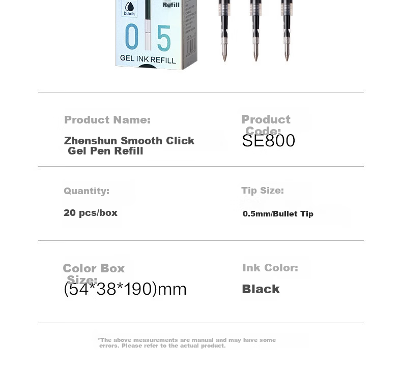 Deli 0.5 Smooth Retractable Gel Pen Refills for Students, Compatible with S01/S08/1008/K35 and G-5, Black Bullet Tip, 20 Pieces/Box SE800 11