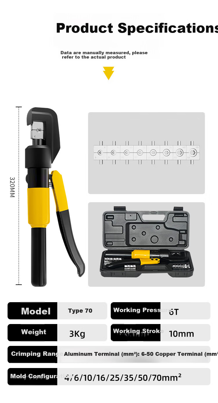 No.1 Factory Manual Hydraulic Crimper YQK-70 Cable Crimping Tool Terminal Crimper Hand Pressing Cable Copper Lug Electrician Special 9