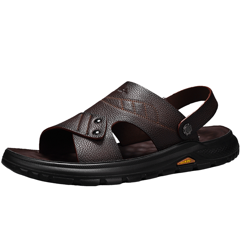 Bull Family Men's Leather Sandals Summer New Genuine Leather Soft Sole Breathable Beach Shoes Men's Versatile Two-Way Commuter Casual Slippers