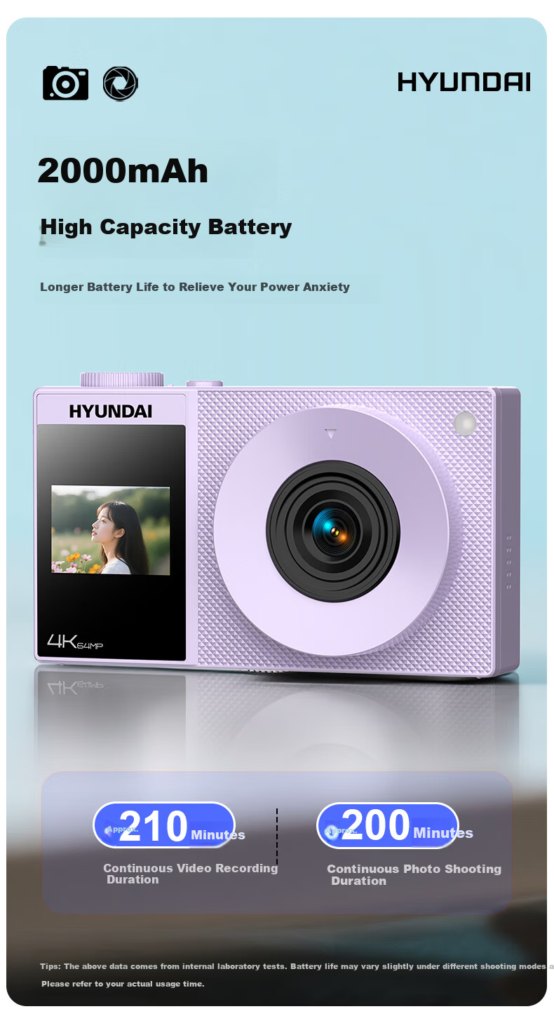 HYUNDAI Modern CCD Digital Camera Vlog Photography Travel Camera Student Entry-Level Dual Screen Selfie Cream White 32GB 12