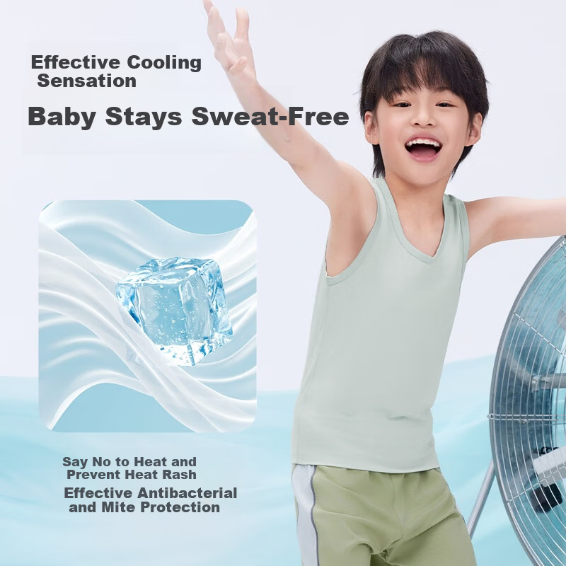 THREEGUN Kids Cooling Modal 3A Antibacterial Boys Girls Crew Neck Vest Aqua Green 150