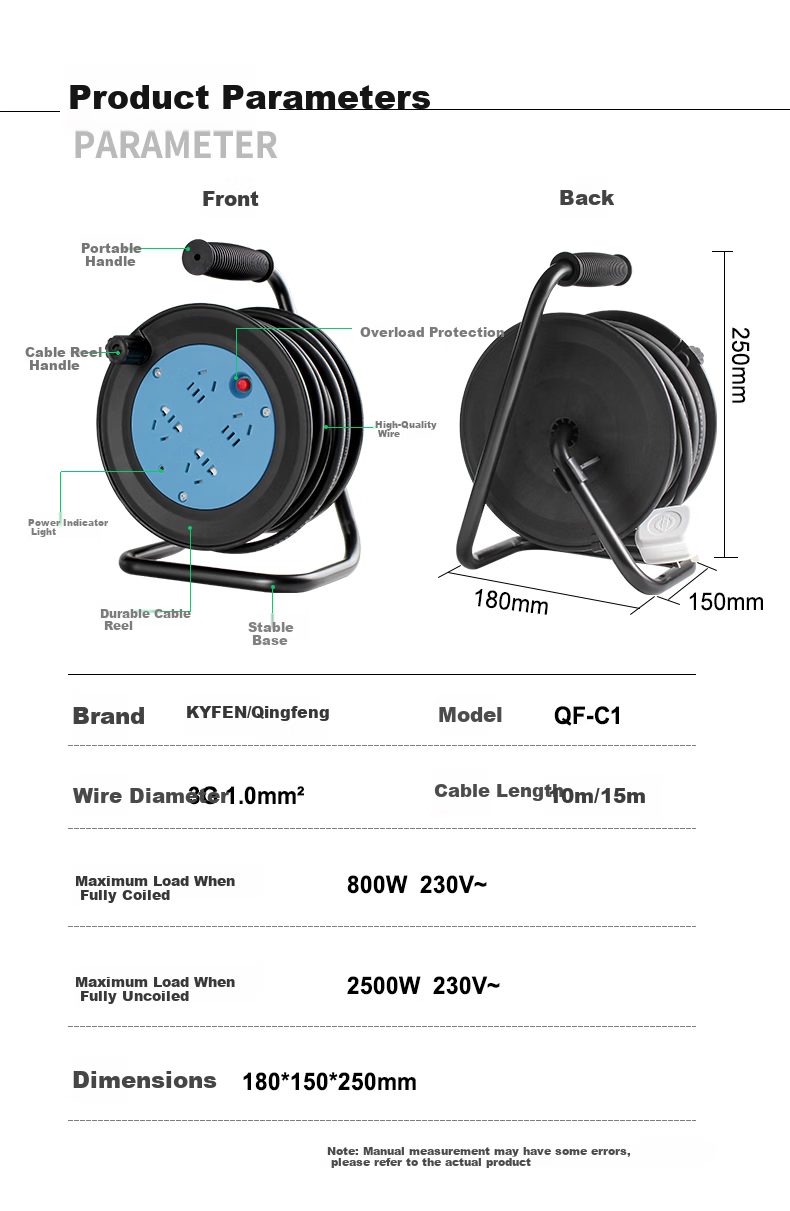 Kyfen Mini Portable Household Cable Reel Power Strip with 4 Outlets, Overheat Protection, 10 Meters Long Cord 9