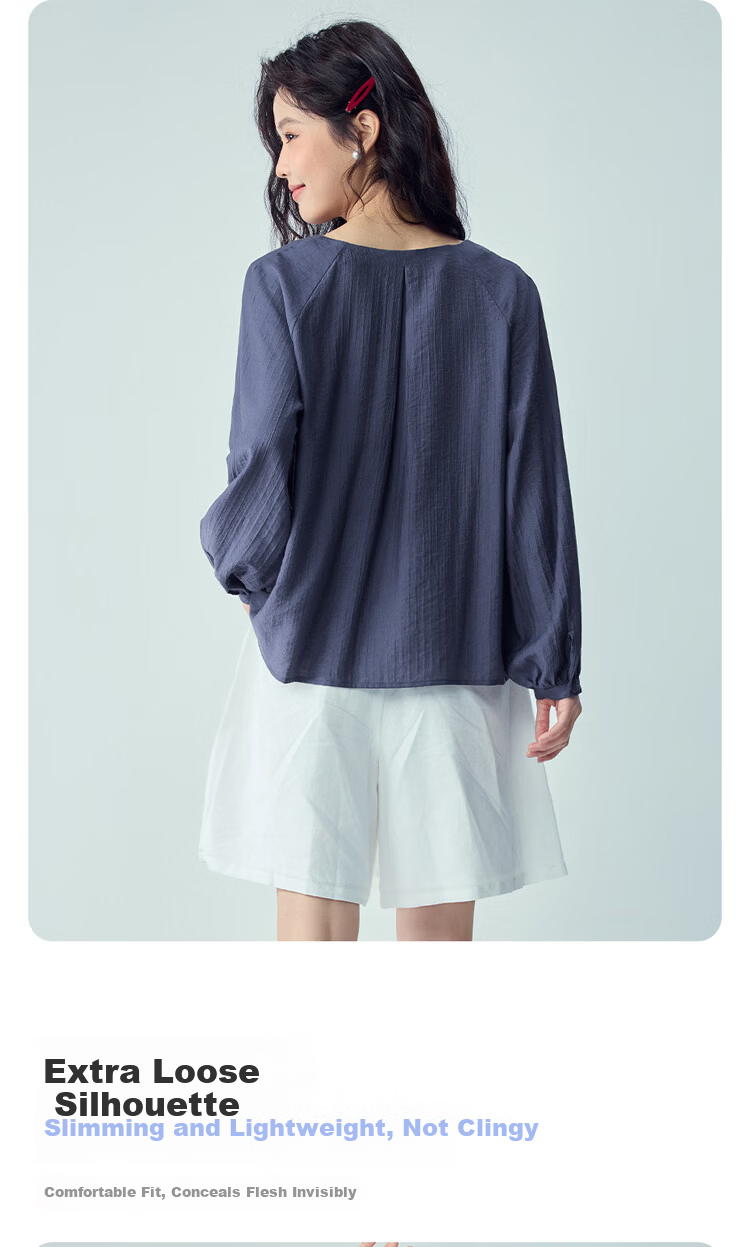 Giordano 2026 Spring New Pleated V-Neck Loose Raglan Textured Long Sleeve Shirt for Women 05346117 6