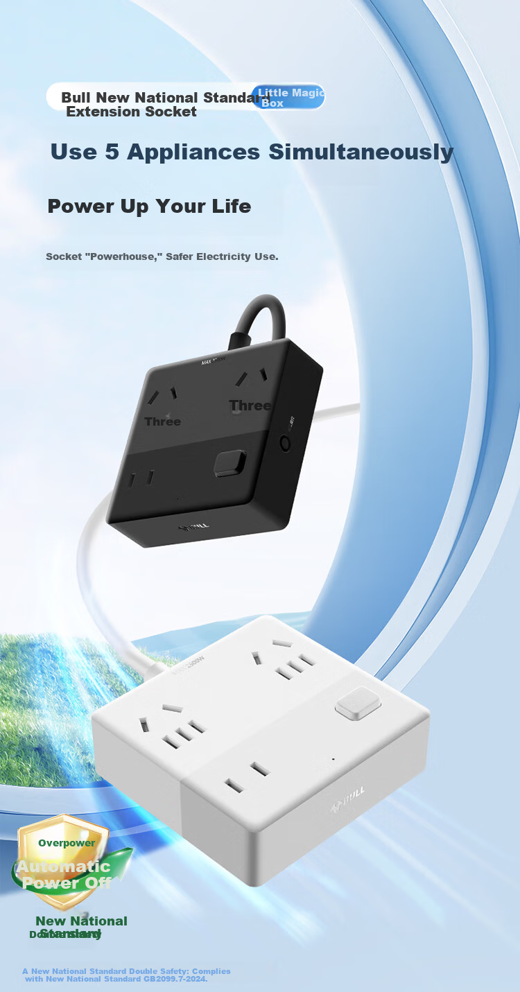 BULL New National Standard Mini Magic Box Overload and Overpower Protection Desktop Power Strip with 5-Control Switches, 1.5m Cable, White 1