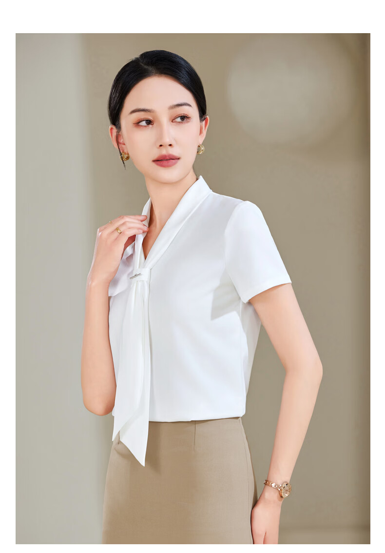 Chaoxu Women's White Short Sleeve Bow Tie Shirt Professional Commuter Formal Elegant Versatile Blouse for Work and Interview 15