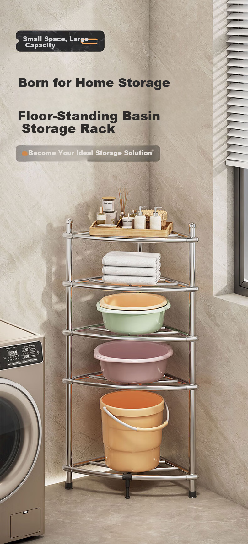 Jingxun Stainless Steel Four-Tier Bathroom Basin Rack Bathroom Storage Shelf Corner Floor Storage Rack 1