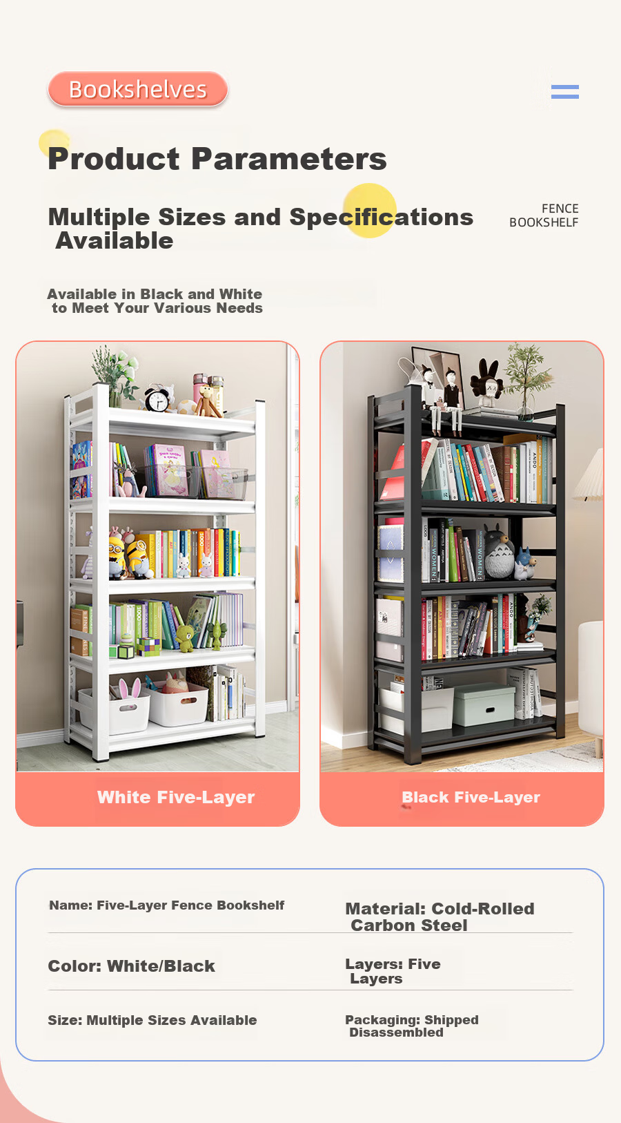 TANGJI White 4-Tier Iron Bookshelf Floor-Standing Storage Rack for Students and Children 50x30x118cm 5